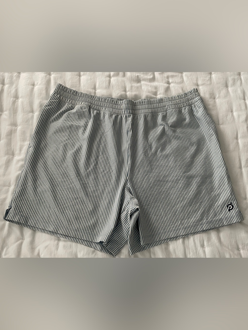 Peloton Men's 6" Unlined Seersucker Striped Shorts - Light Blue/White. Size XL